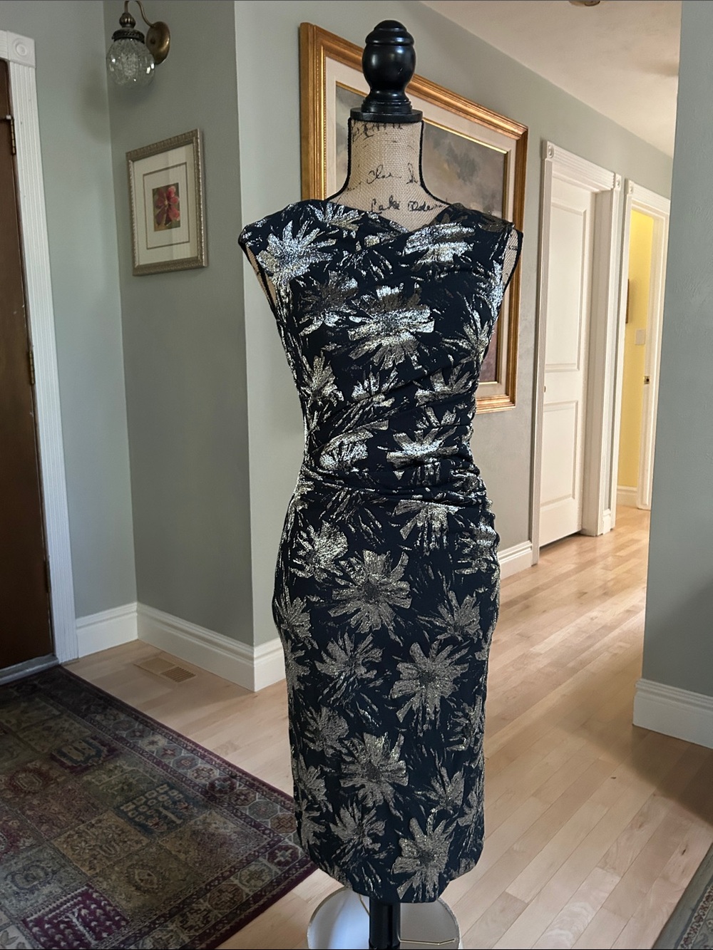 Rickie Freeman for Teri Jon Black Midi Dress with Gold Floral Print